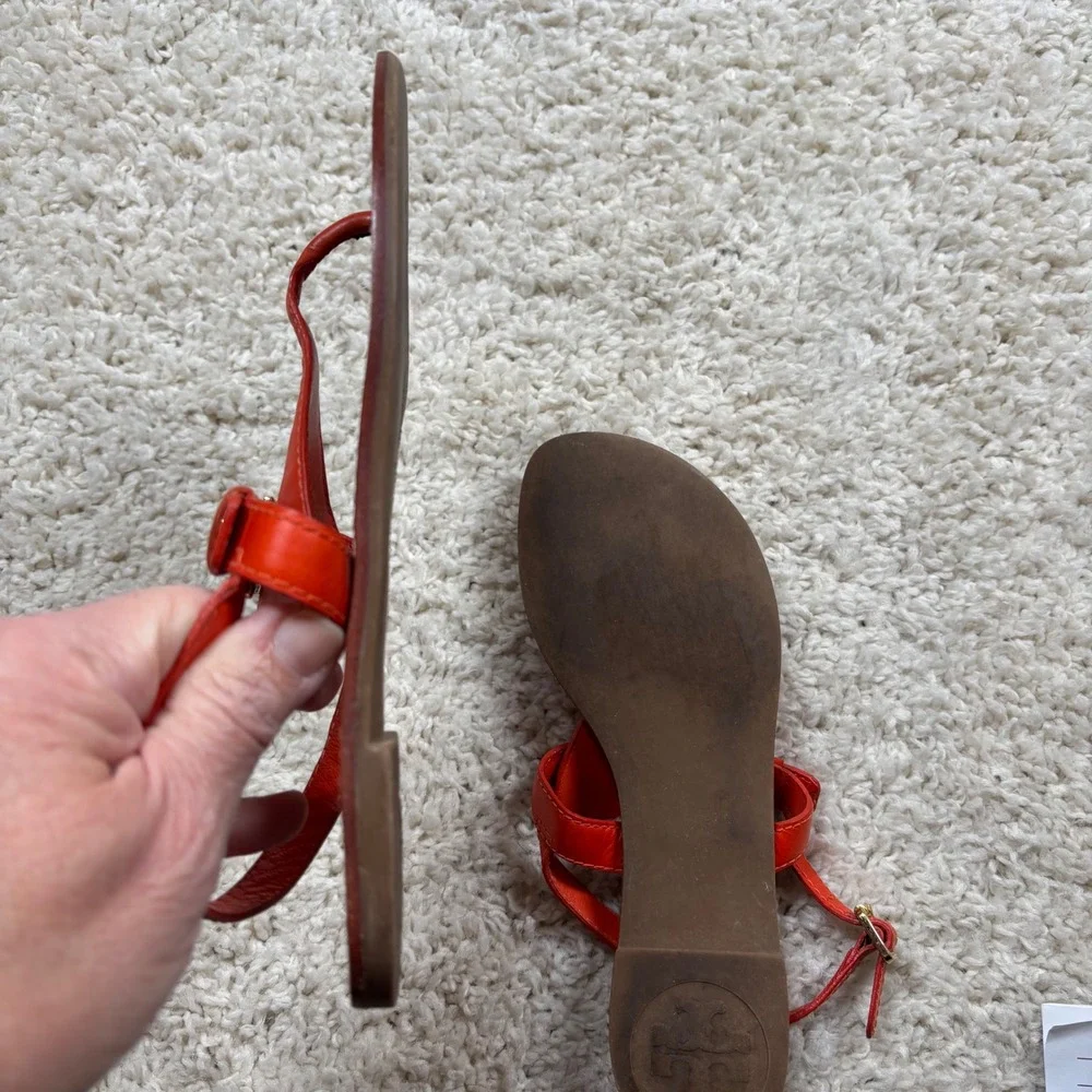 Tory Burch Orange Leather Thong Sandals with Gold‎ Logo Detail Women's Size 7